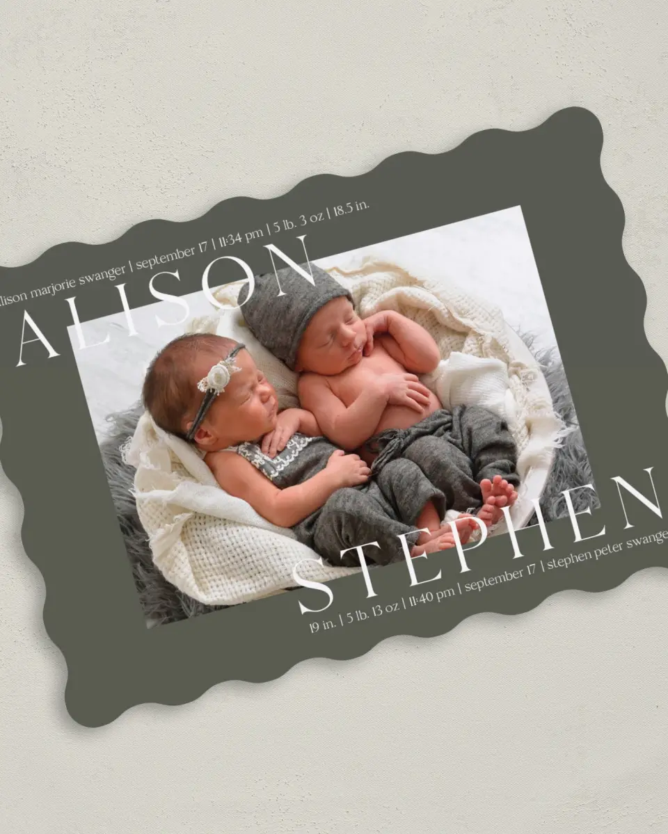 This is a 5" x 7" Birth Announcement Card called Sweet Twins printed in full color on Premium Smooth paper