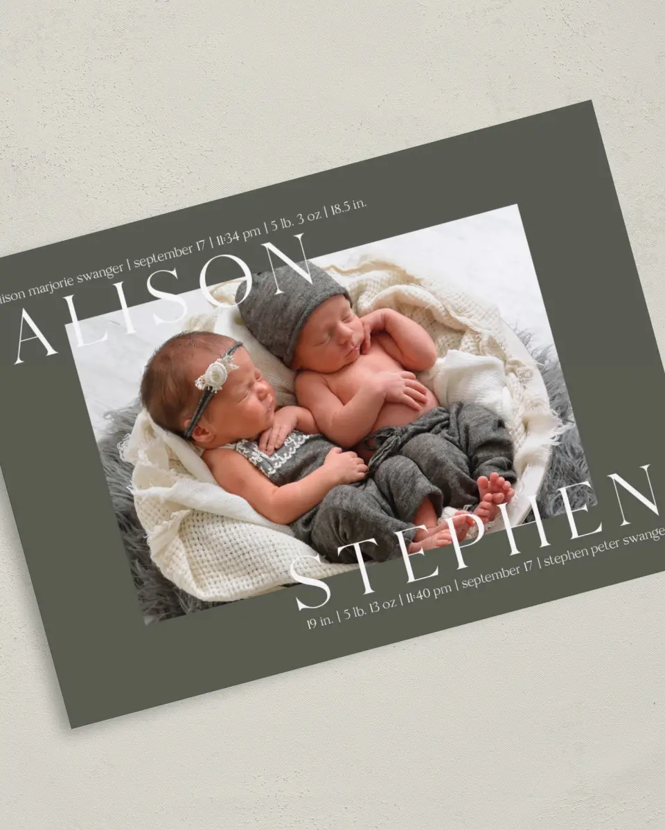 This is a 5" x 7" Birth Announcement Card called Sweet Twins printed in full color on Premium Smooth paper