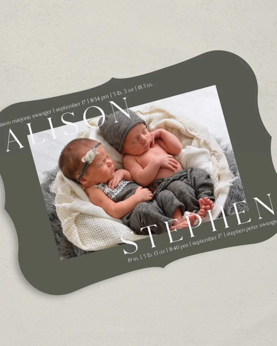 This is a 5" x 7" Birth Announcement Card called Sweet Twins printed in full color on Premium Smooth paper