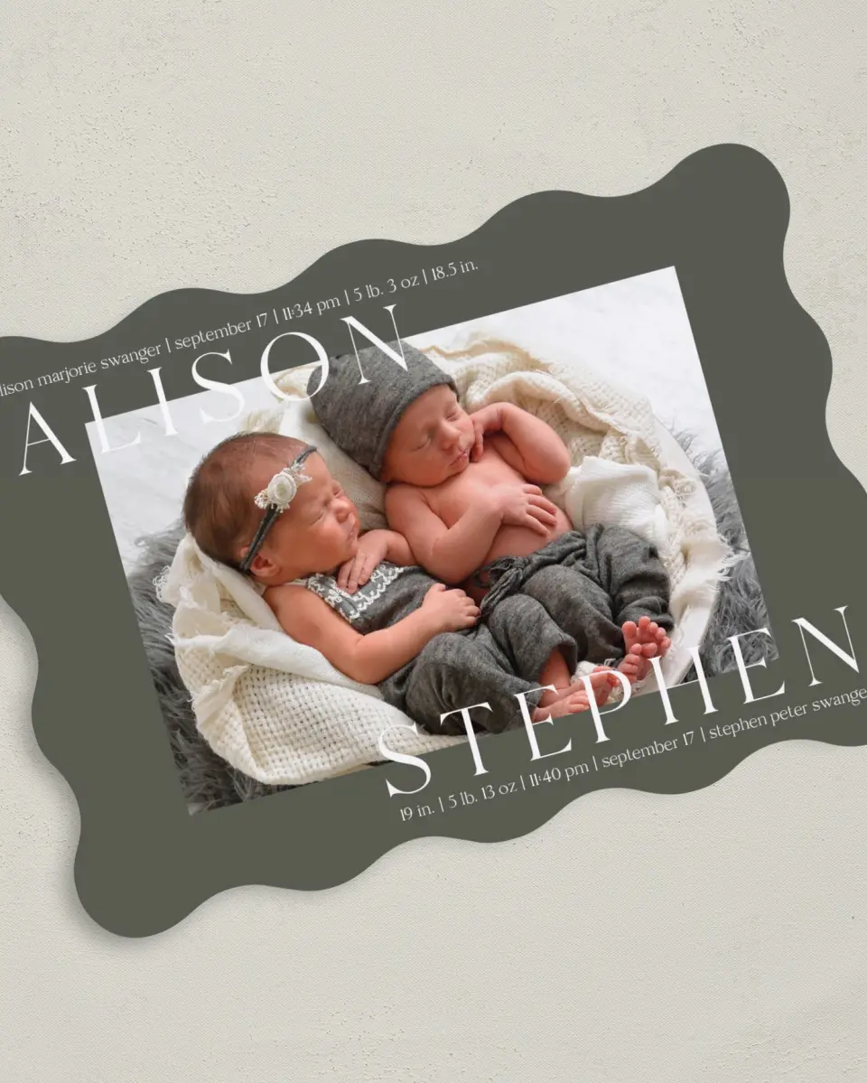 This is a 5" x 7" Birth Announcement Card called Sweet Twins printed in full color on Premium Smooth paper