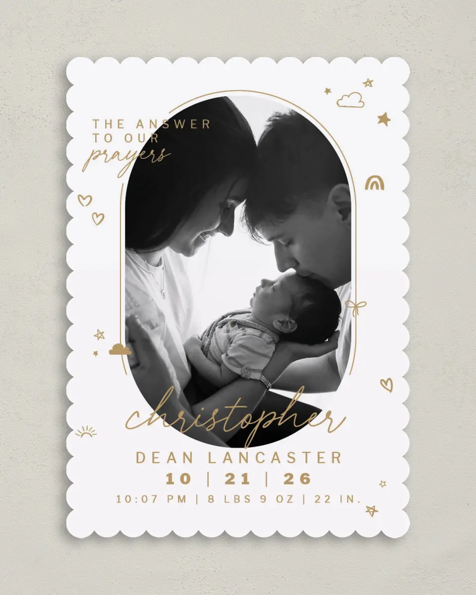 This is a 5" x 7" Birth Announcement Card called Answered Prayers printed in full color on Premium Smooth paper