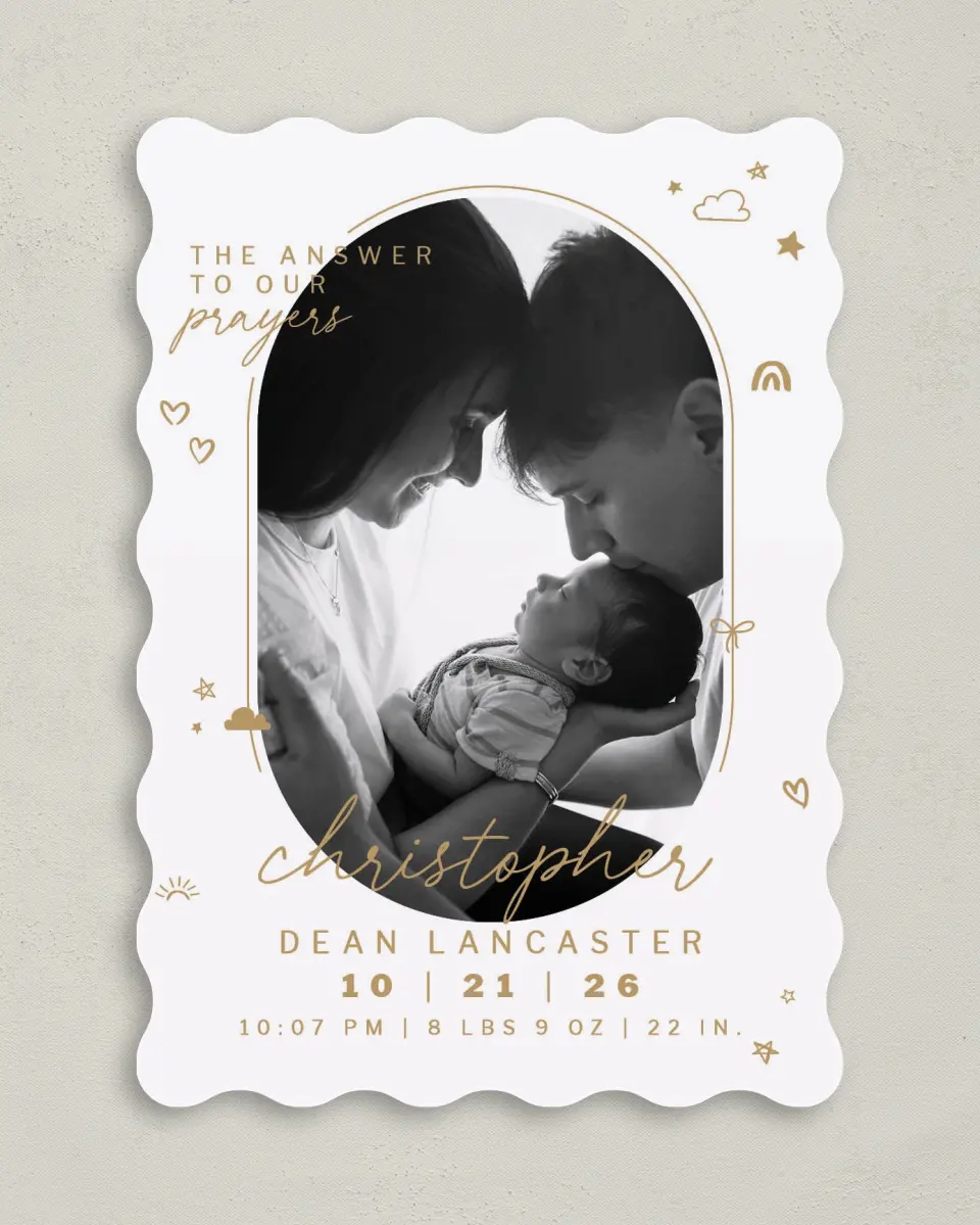 This is a 5" x 7" Birth Announcement Card called Answered Prayers printed in full color on Premium Smooth paper