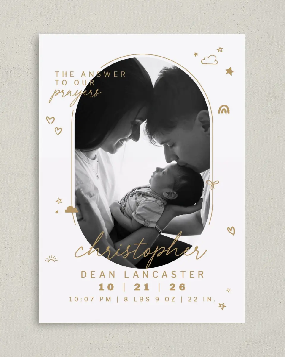 This is a 5" x 7" Birth Announcement Card called Answered Prayers printed in full color on Premium Smooth paper