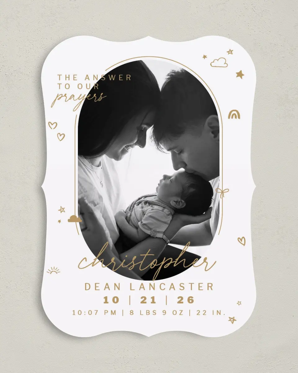 This is a 5" x 7" Birth Announcement Card called Answered Prayers printed in full color on Premium Smooth paper
