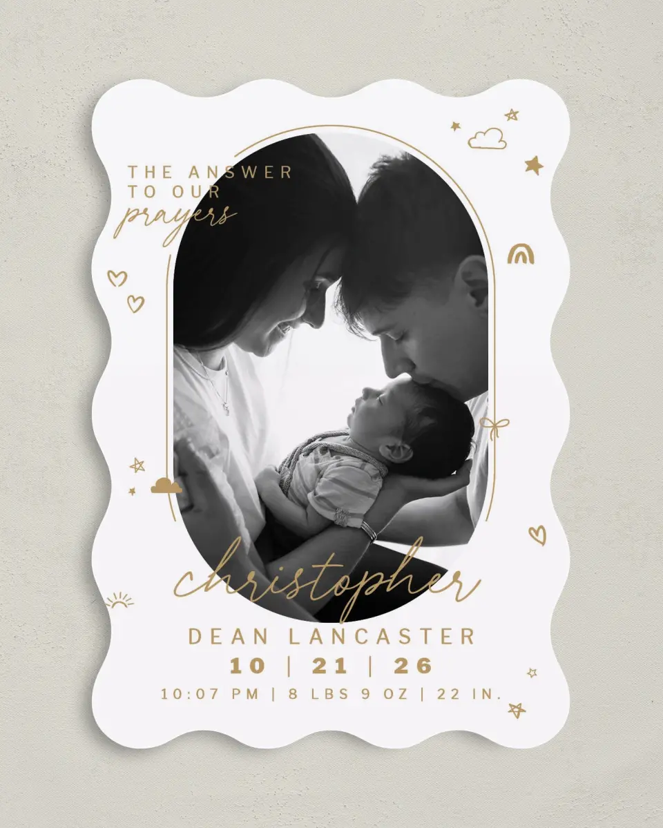 This is a 5" x 7" Birth Announcement Card called Answered Prayers printed in full color on Premium Smooth paper
