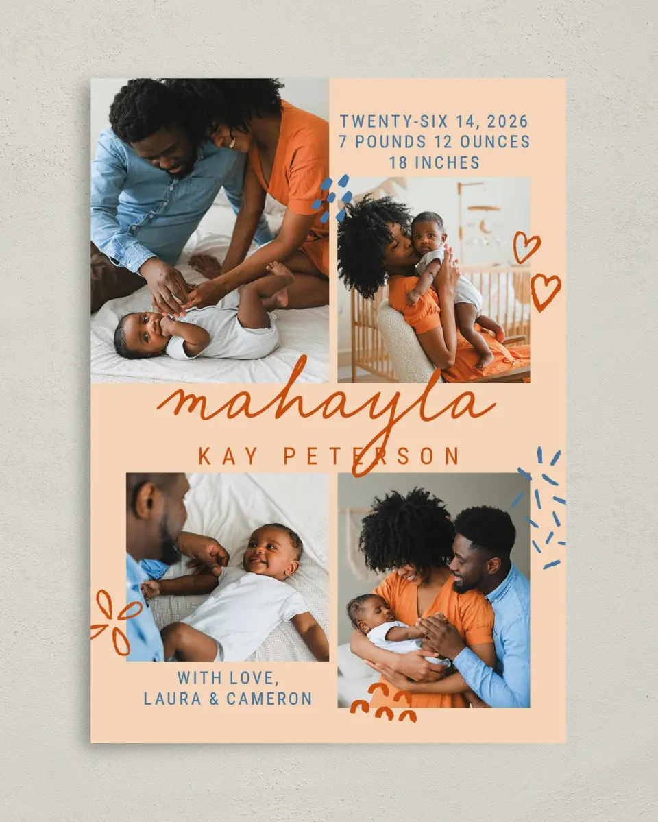 This is a 5" x 7" Birth Announcement Card called Cutesy Baby printed in full color with Silver foil on Luxe Satin (coated) paper