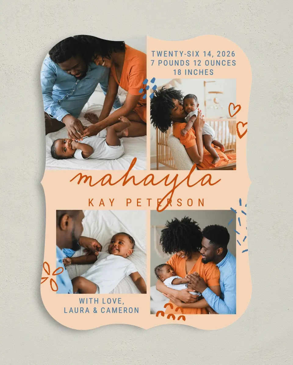 This is a 5" x 7" Birth Announcement Card called Cutesy Baby printed in full color with Silver foil on Luxe Satin (coated) paper