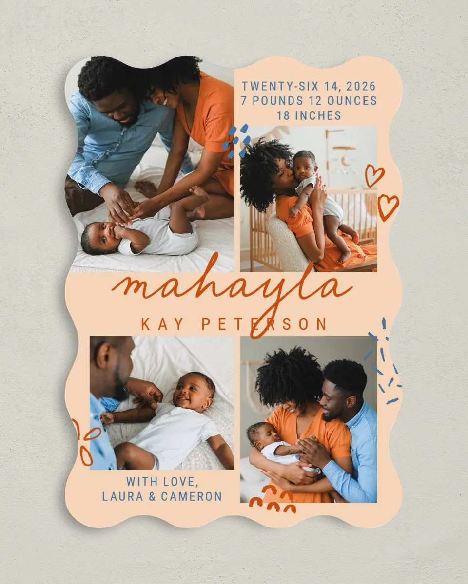 This is a 5" x 7" Birth Announcement Card called Cutesy Baby printed in full color on Premium Smooth paper