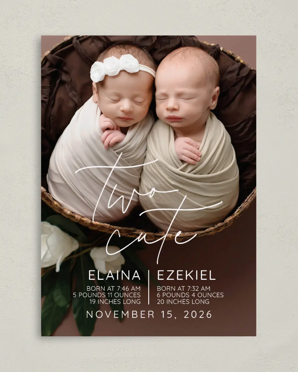 This is a 5" x 7" Birth Announcement Card called Two Cute printed in full color with Silver foil on Luxe Satin (coated) paper
