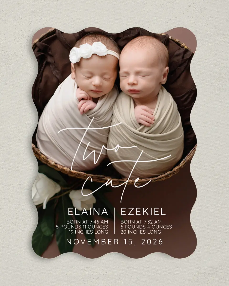 This is a 5" x 7" Birth Announcement Card called Two Cute printed in full color on Premium Smooth paper