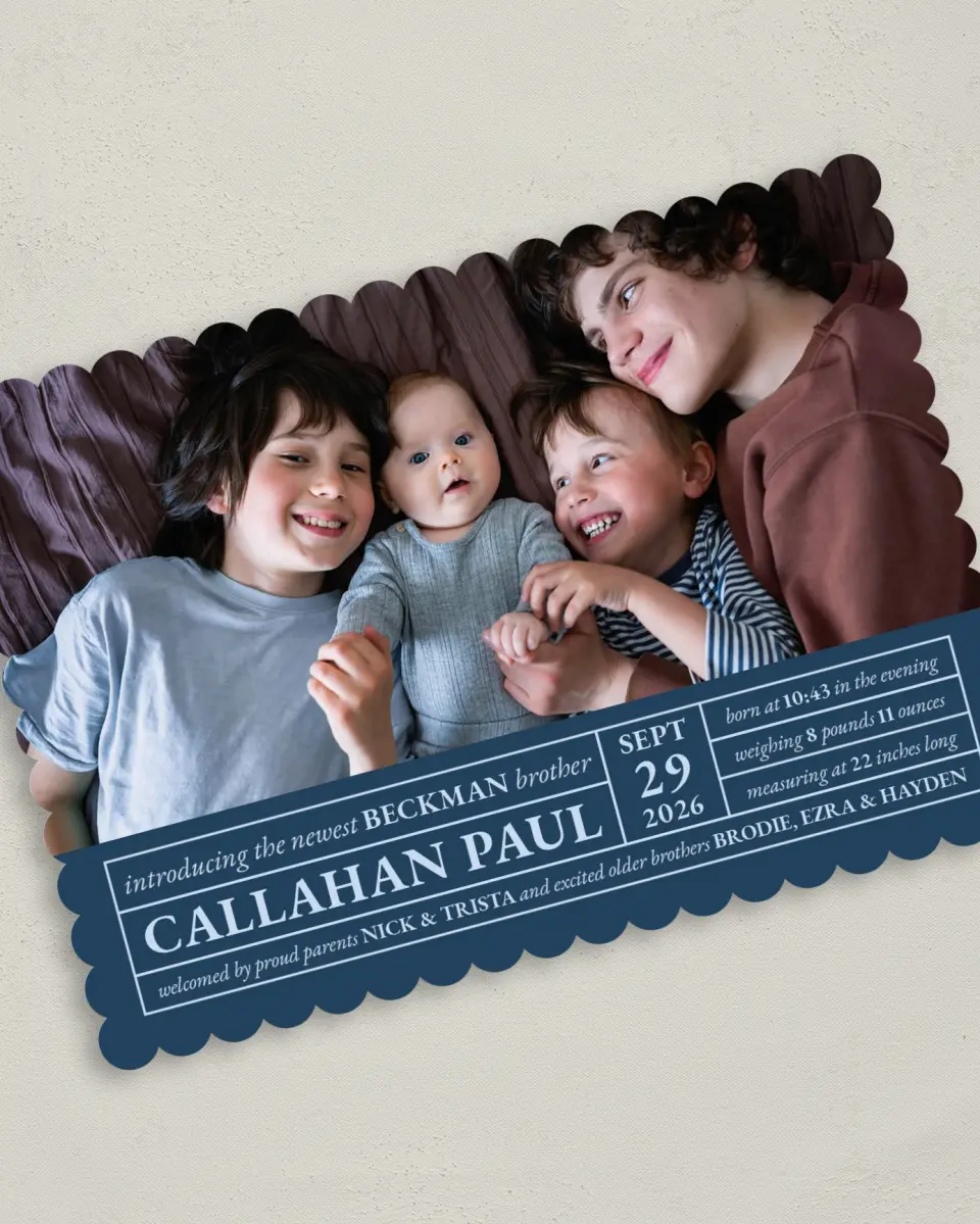 This is a 5" x 7" Birth Announcement Card called Welcome to the Family printed in full color on Premium Smooth paper