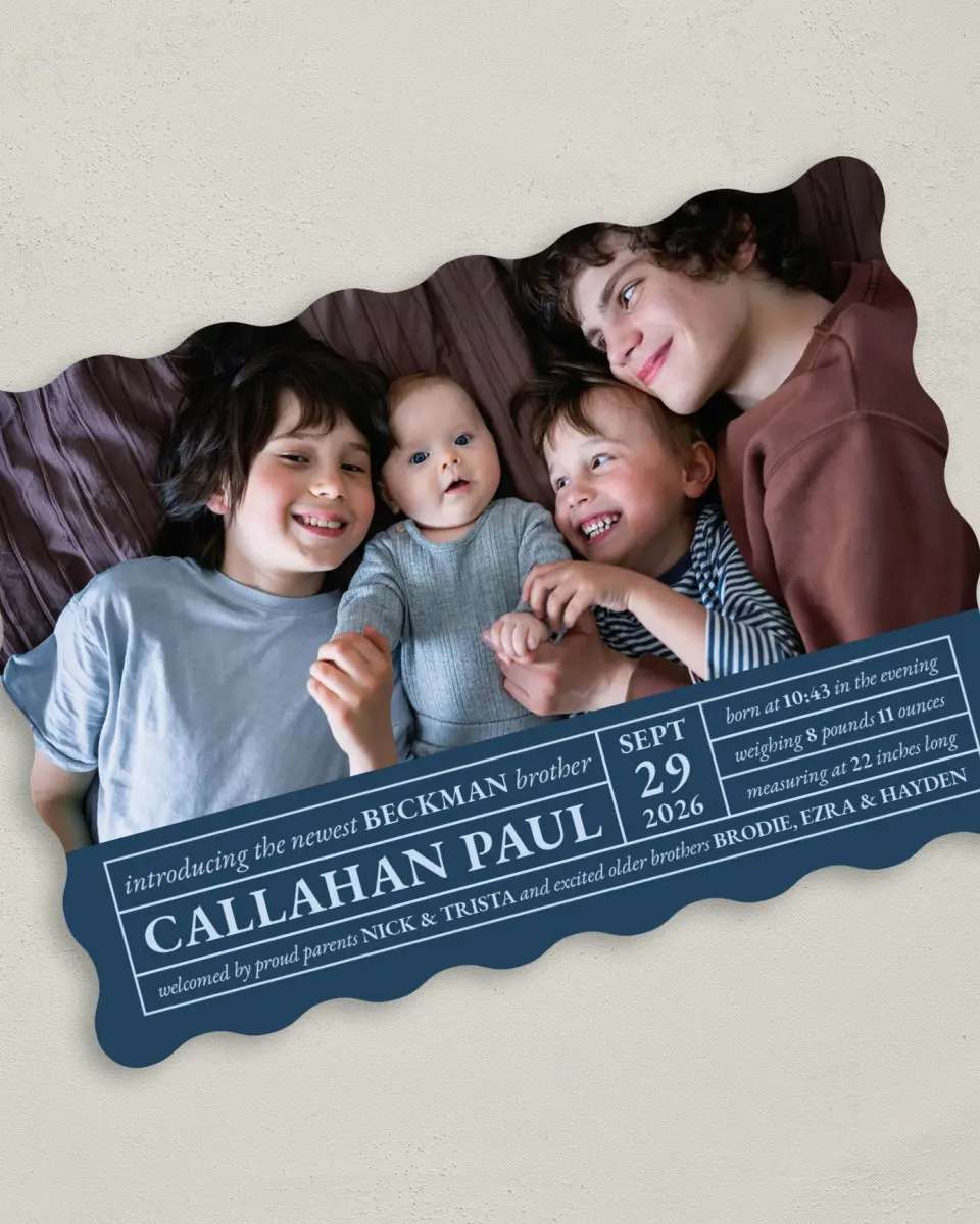 This is a 5" x 7" Birth Announcement Card called Welcome to the Family printed in full color on Premium Smooth paper