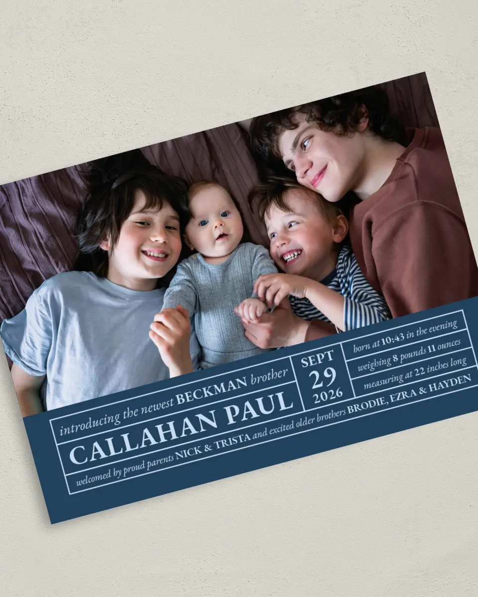 This is a 5" x 7" Birth Announcement Card called Welcome to the Family printed in full color on Premium Smooth paper