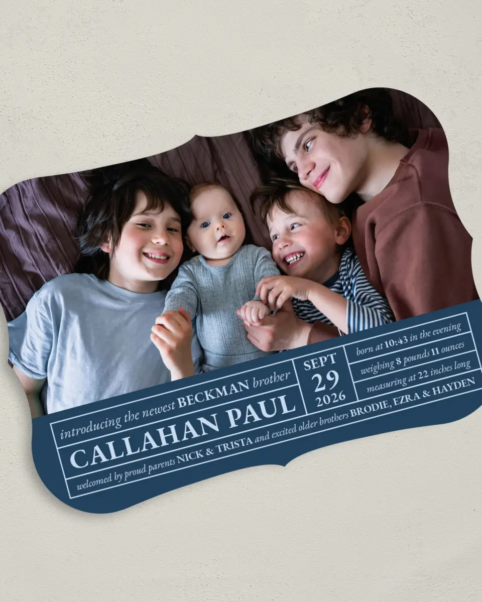 This is a 5" x 7" Birth Announcement Card called Welcome to the Family printed in full color on Premium Smooth paper