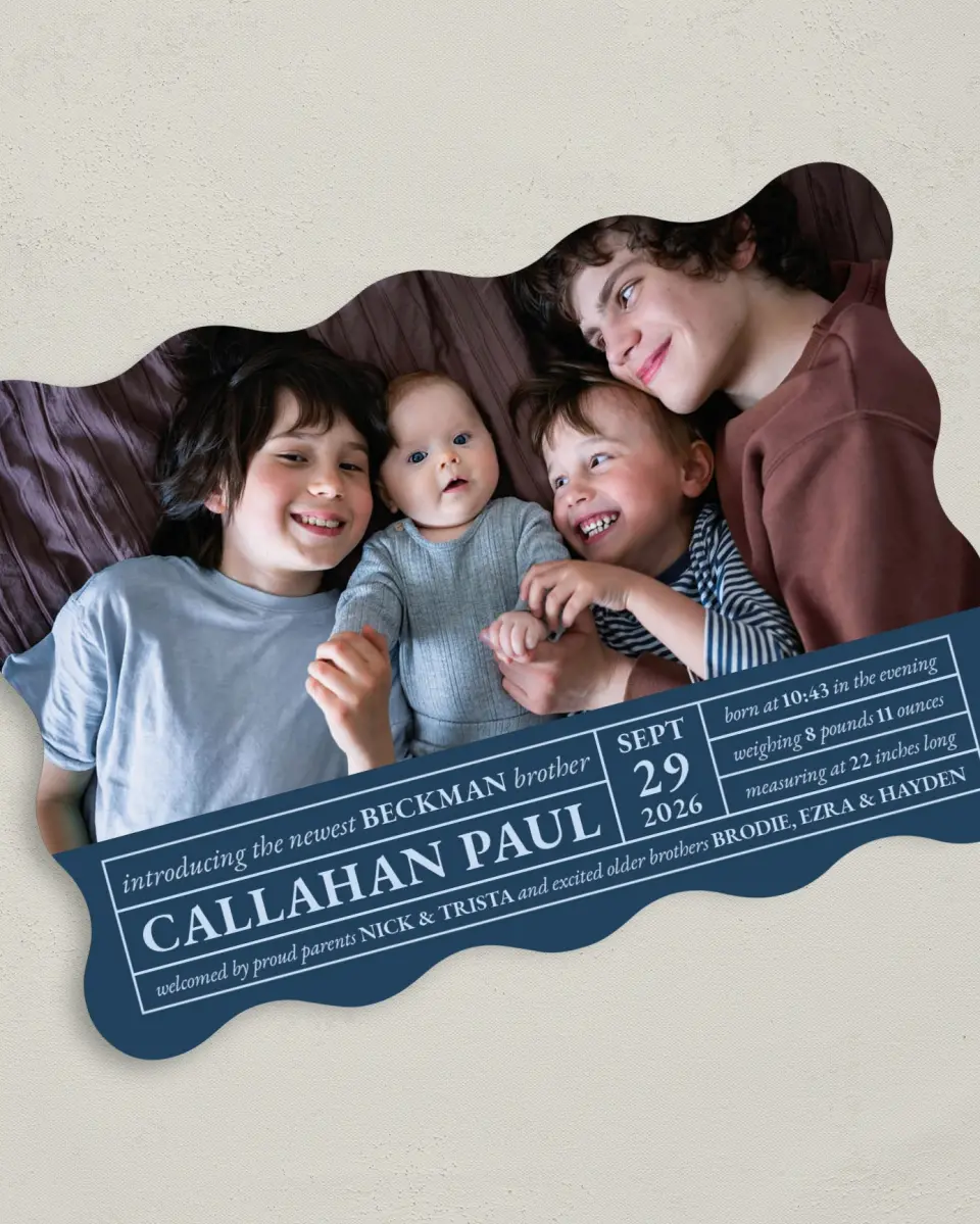 This is a 5" x 7" Birth Announcement Card called Welcome to the Family printed in full color on Premium Smooth paper