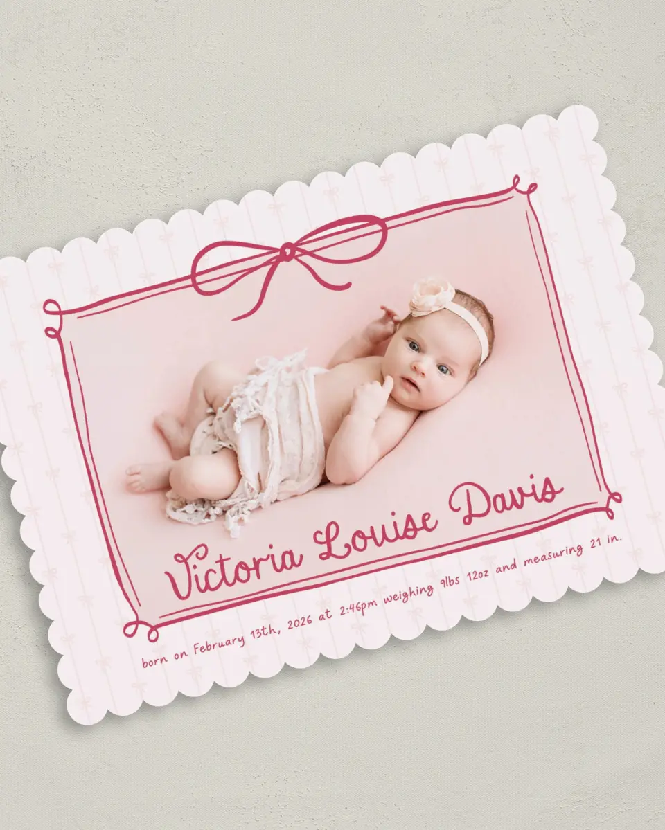 This is a 5" x 7" Birth Announcement Card called Blush Bows printed in full color on Premium Smooth paper
