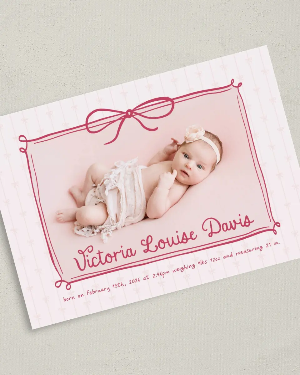 This is a 5" x 7" Birth Announcement Card called Blush Bows printed in full color on Premium Smooth paper