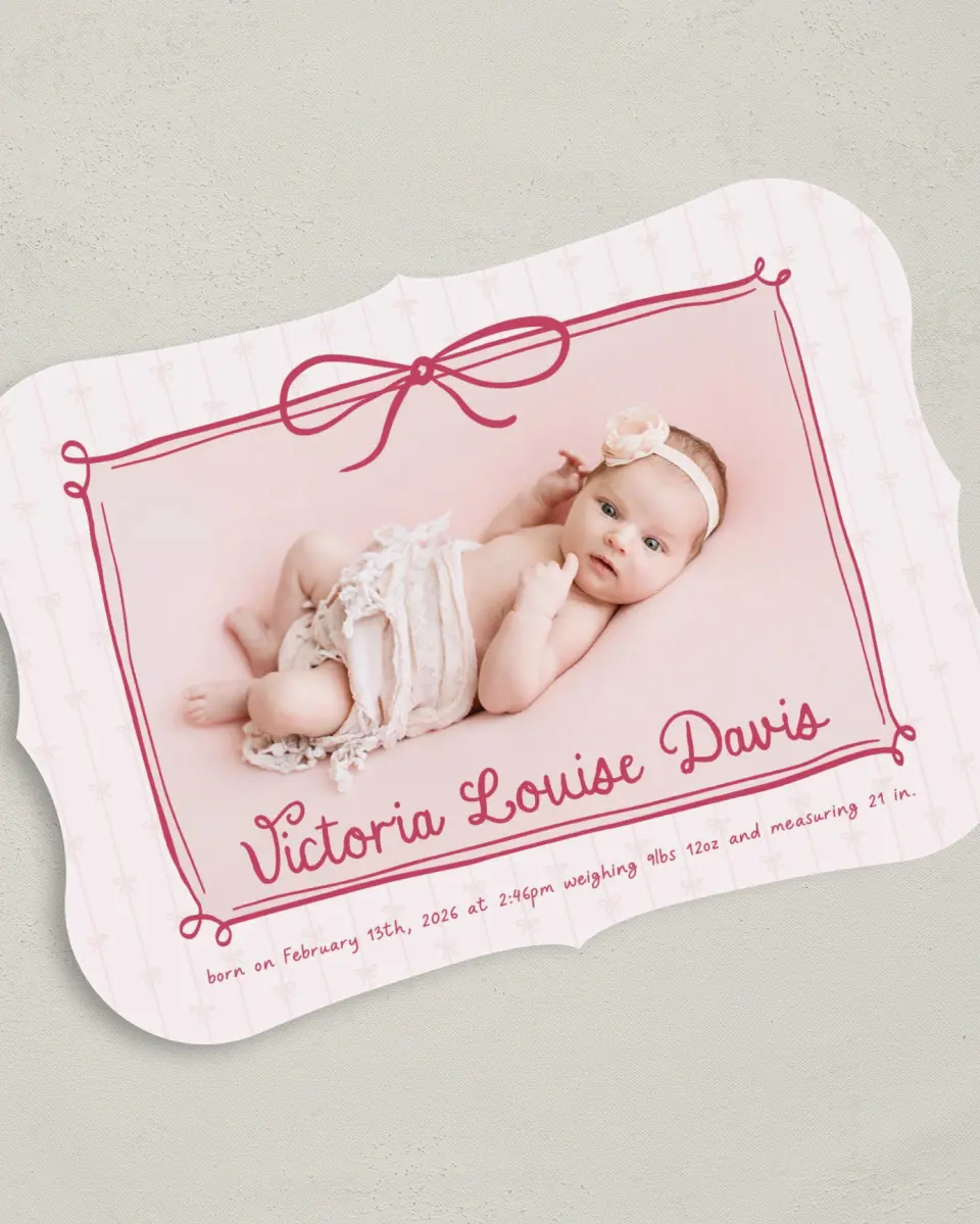 This is a 5" x 7" Birth Announcement Card called Blush Bows printed in full color on Premium Smooth paper