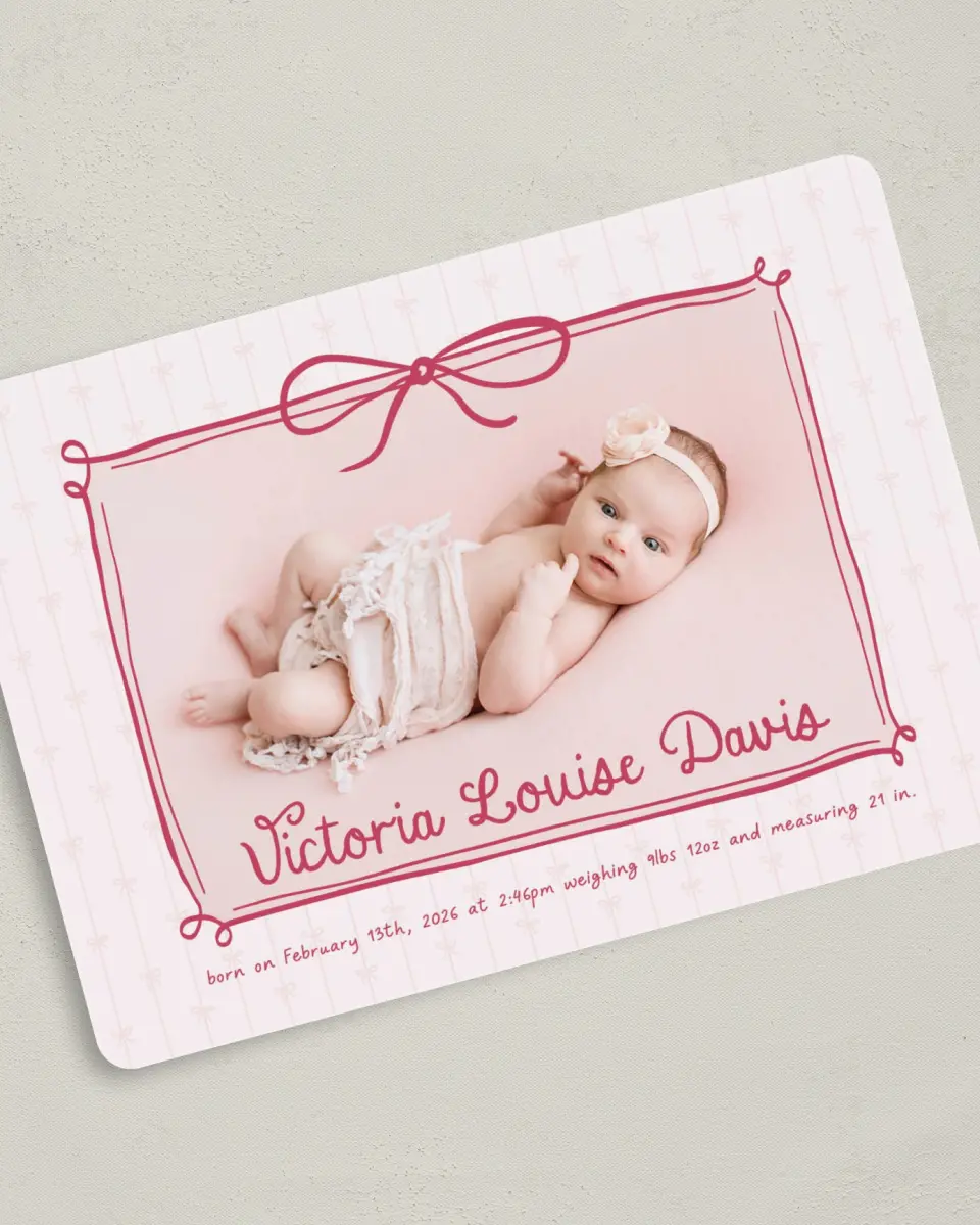 This is a 5" x 7" Birth Announcement Card called Blush Bows printed in full color on Premium Smooth paper