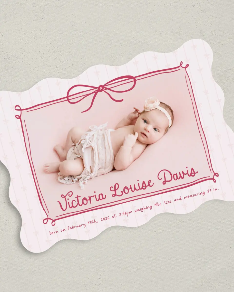 This is a 5" x 7" Birth Announcement Card called Blush Bows printed in full color on Premium Smooth paper