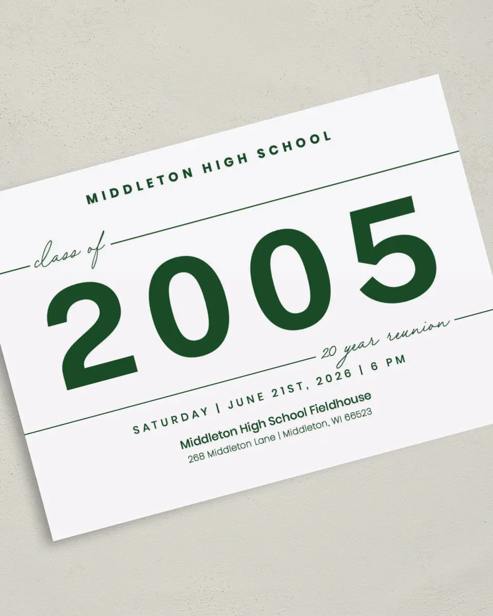 This is a 5" x 7" Class Reunion called Graceful Lines printed in full color on Premium Smooth paper
