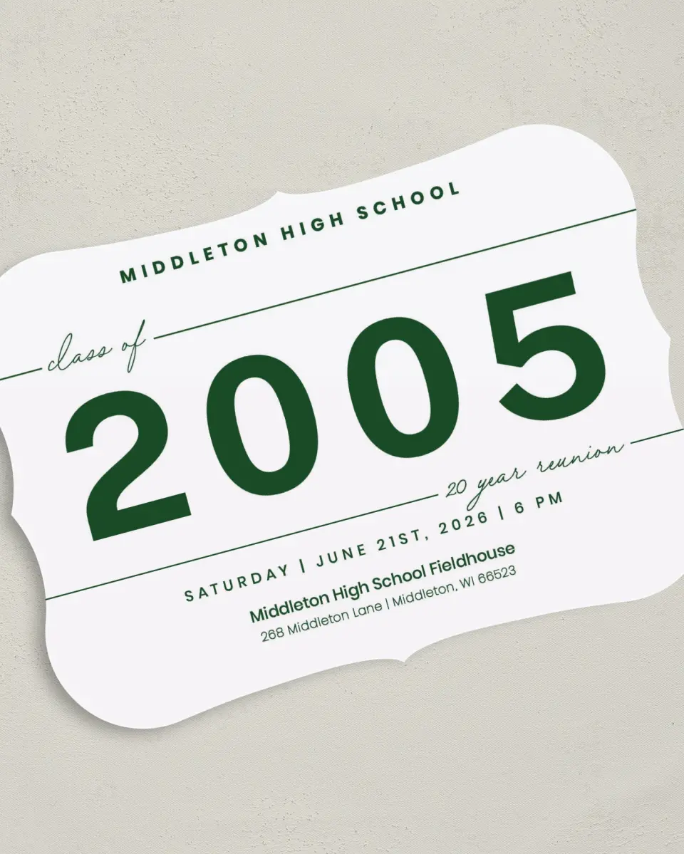 This is a 5" x 7" Class Reunion called Graceful Lines printed in full color on Premium Smooth paper