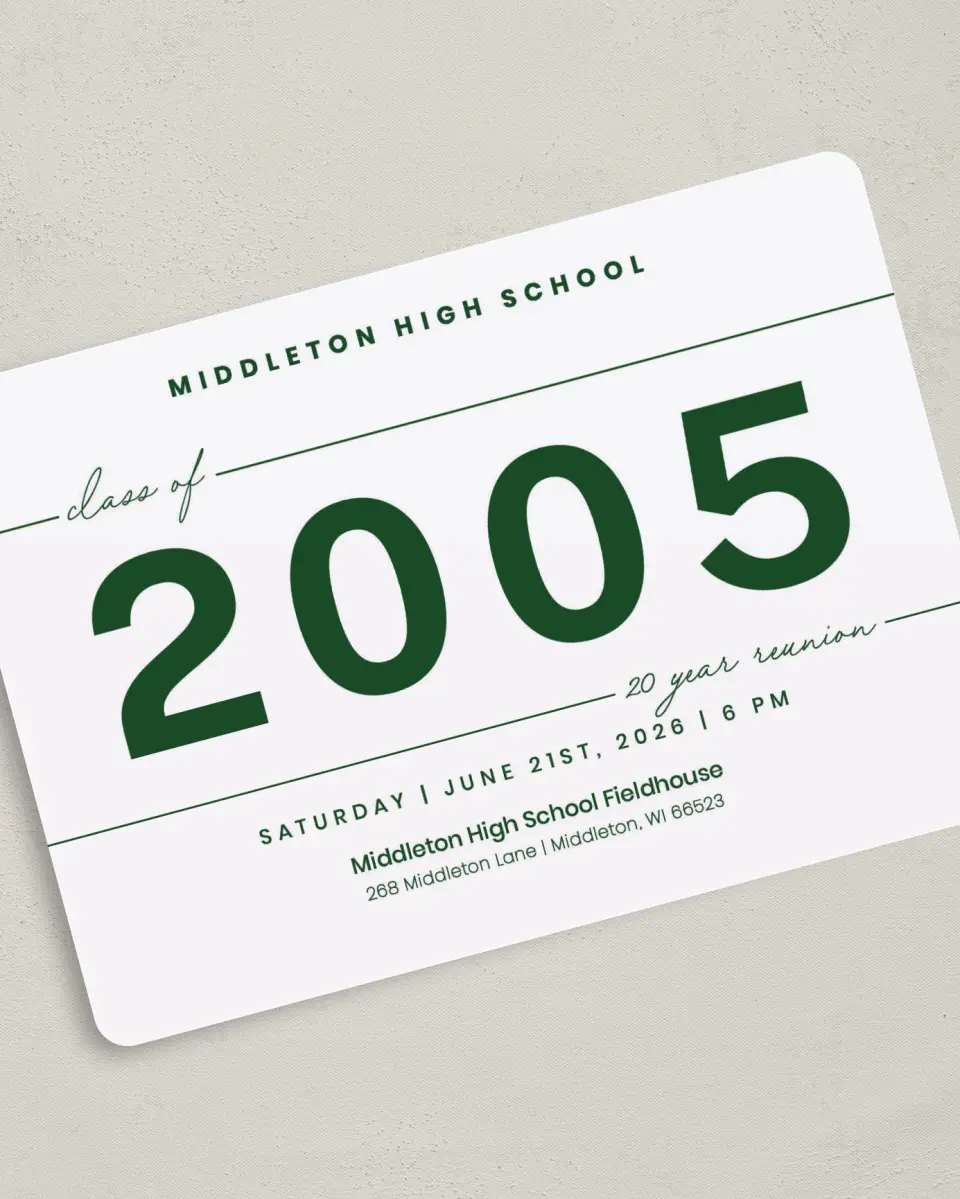 This is a 5" x 7" Class Reunion called Graceful Lines printed in full color on Premium Smooth paper