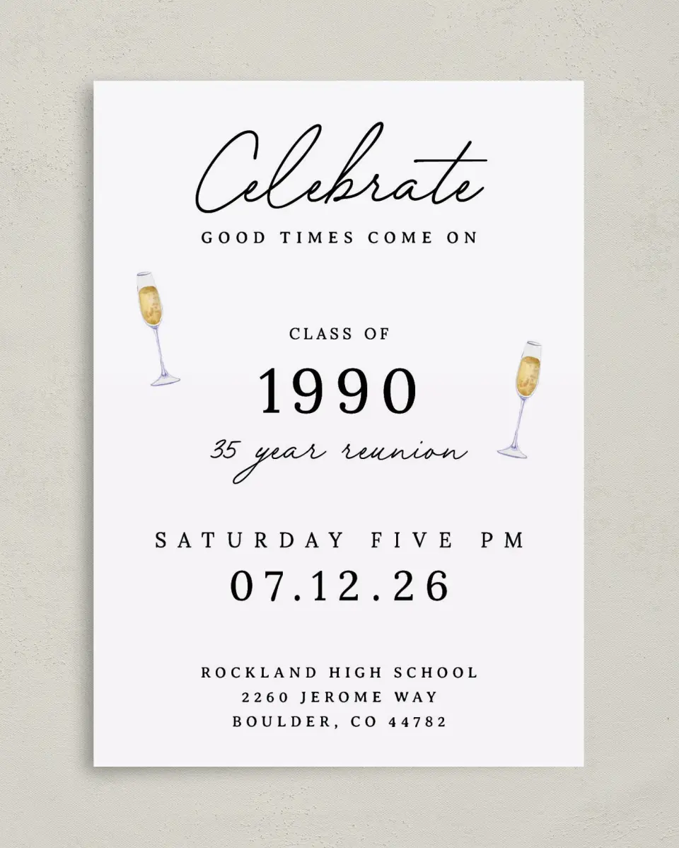 This is a 5" x 7" Class Reunion called Clink Clink printed in full color on Premium Smooth paper