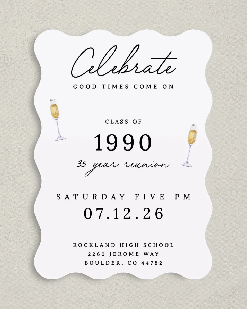 This is a 5" x 7" Class Reunion called Clink Clink printed in full color on Premium Smooth paper