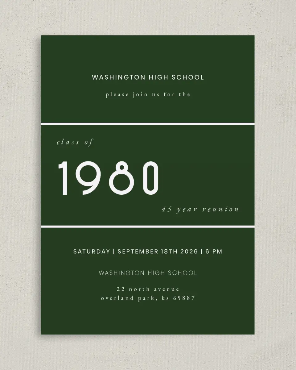 This is a 5" x 7" Class Reunion called Modern Digits printed in full color on Premium Smooth paper