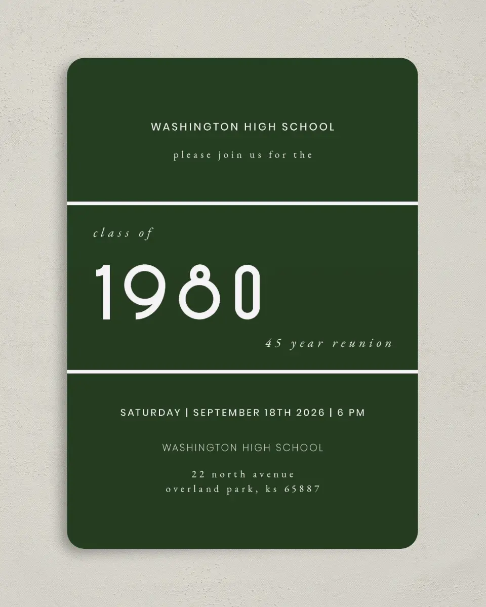 This is a 5" x 7" Class Reunion called Modern Digits printed in full color on Premium Smooth paper