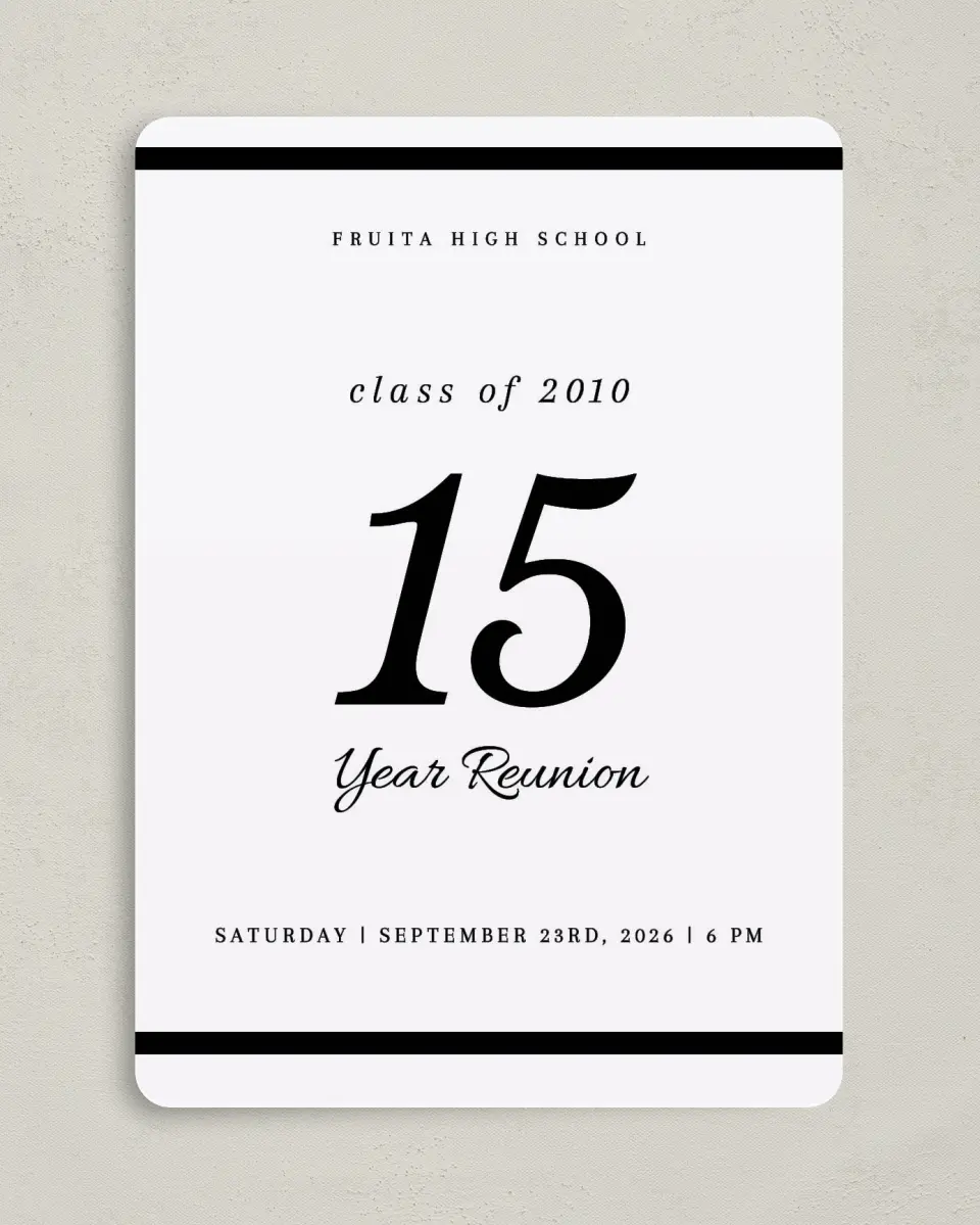 This is a 5" x 7" Class Reunion called Formal Function printed in full color on Premium Smooth paper