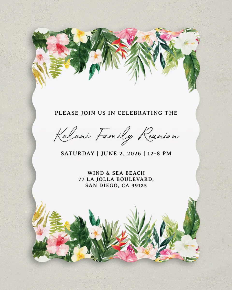 This is a 5" x 7" Family Reunion called Hibiscus and Fern printed in full color on Premium Smooth paper