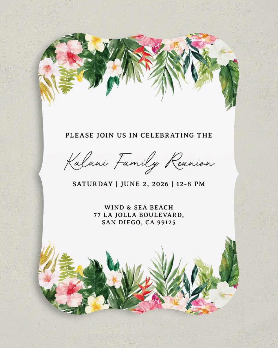 This is a 5" x 7" Family Reunion called Hibiscus and Fern printed in full color on Premium Smooth paper