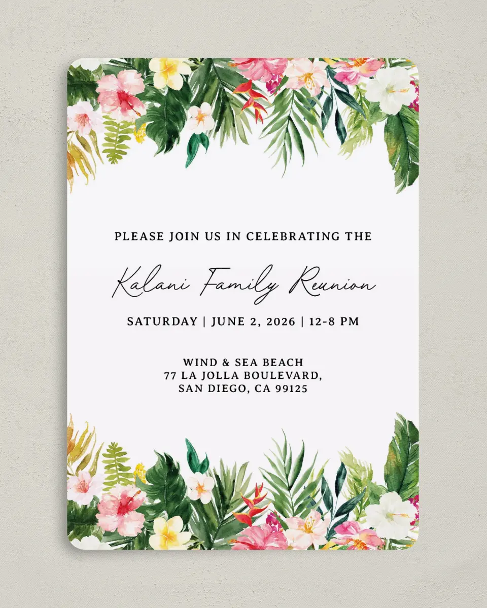 This is a 5" x 7" Family Reunion called Hibiscus and Fern printed in full color on Premium Smooth paper