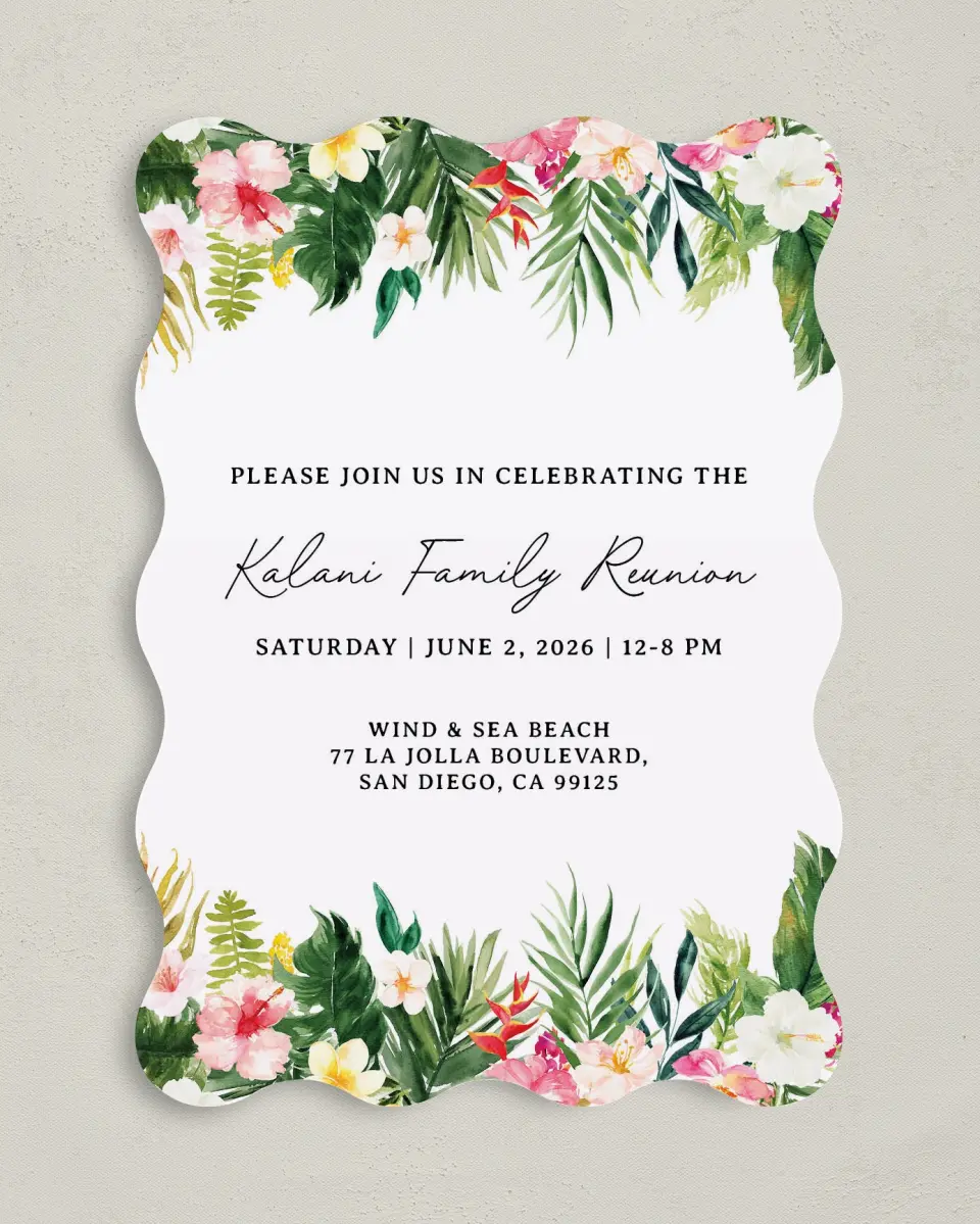 This is a 5" x 7" Family Reunion called Hibiscus and Fern printed in full color on Premium Smooth paper