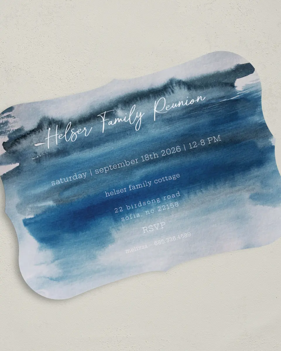 This is a 5" x 7" Family Reunion called Blended Blues printed in full color on Premium Smooth paper