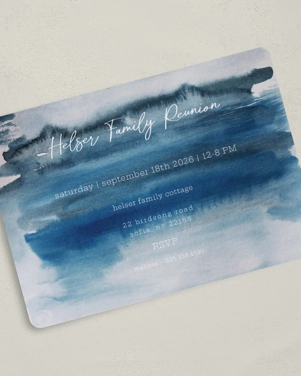 This is a 5" x 7" Family Reunion called Blended Blues printed in full color on Premium Smooth paper