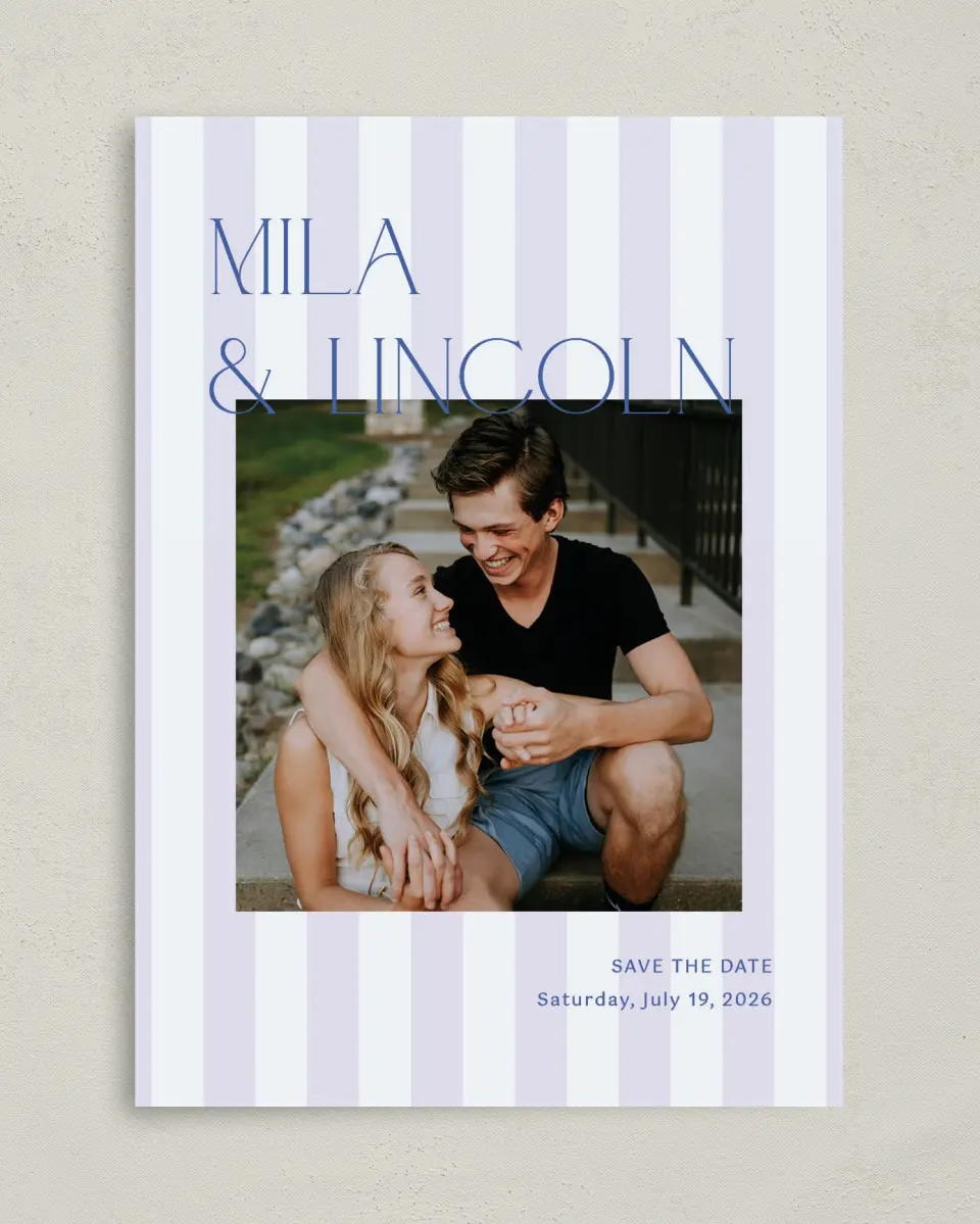 This is a 5" x 7" Save the Date Card called The Mila printed in full color on Premium Smooth paper