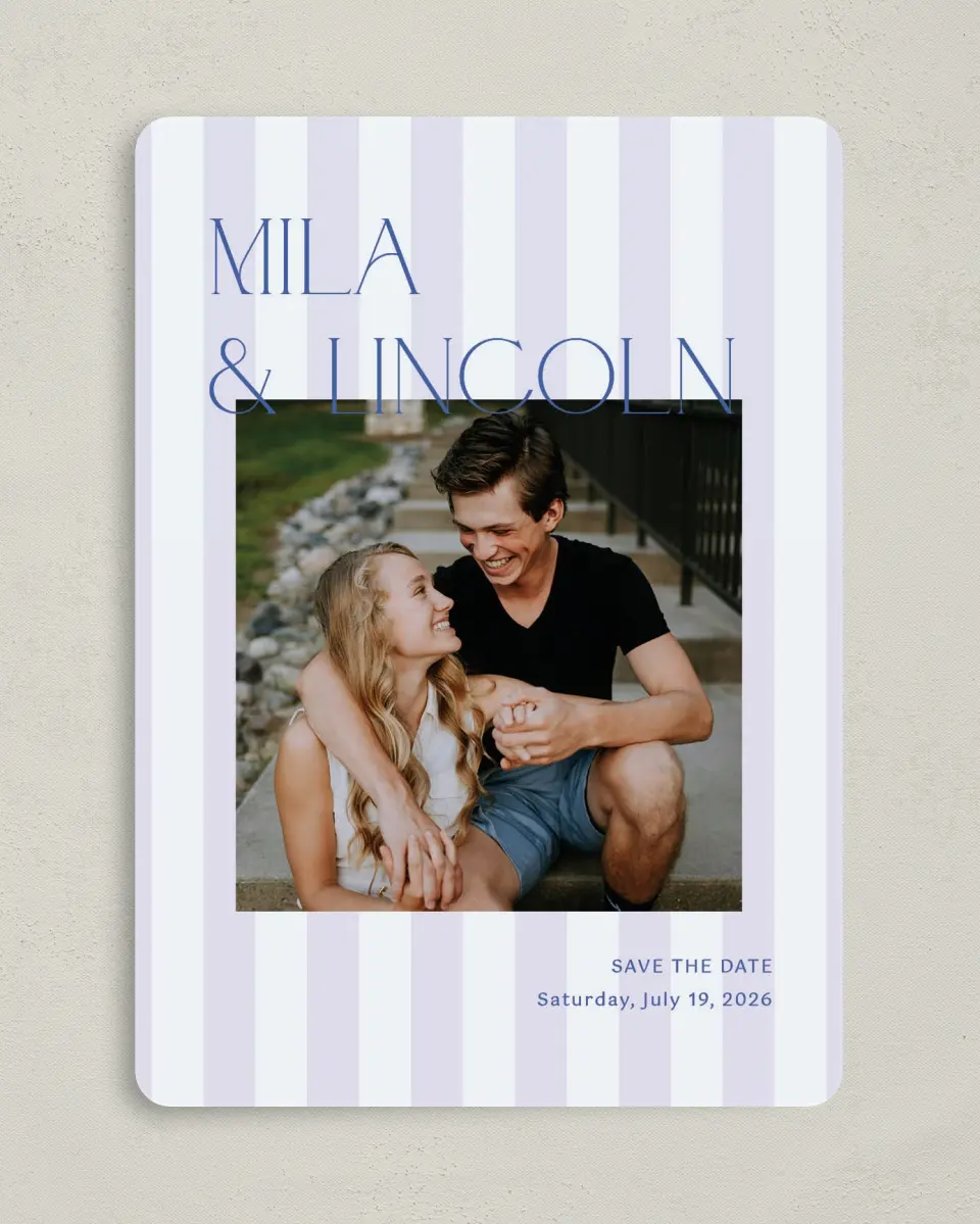 This is a 5" x 7" Save the Date Card called The Mila printed in full color on Premium Smooth paper