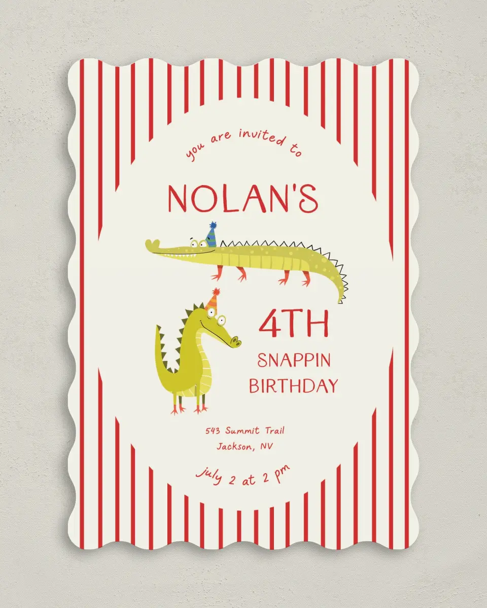 This is a 5" x 7" Birthday Party Invitation called Snappin Birthday printed in full color on Premium Smooth paper