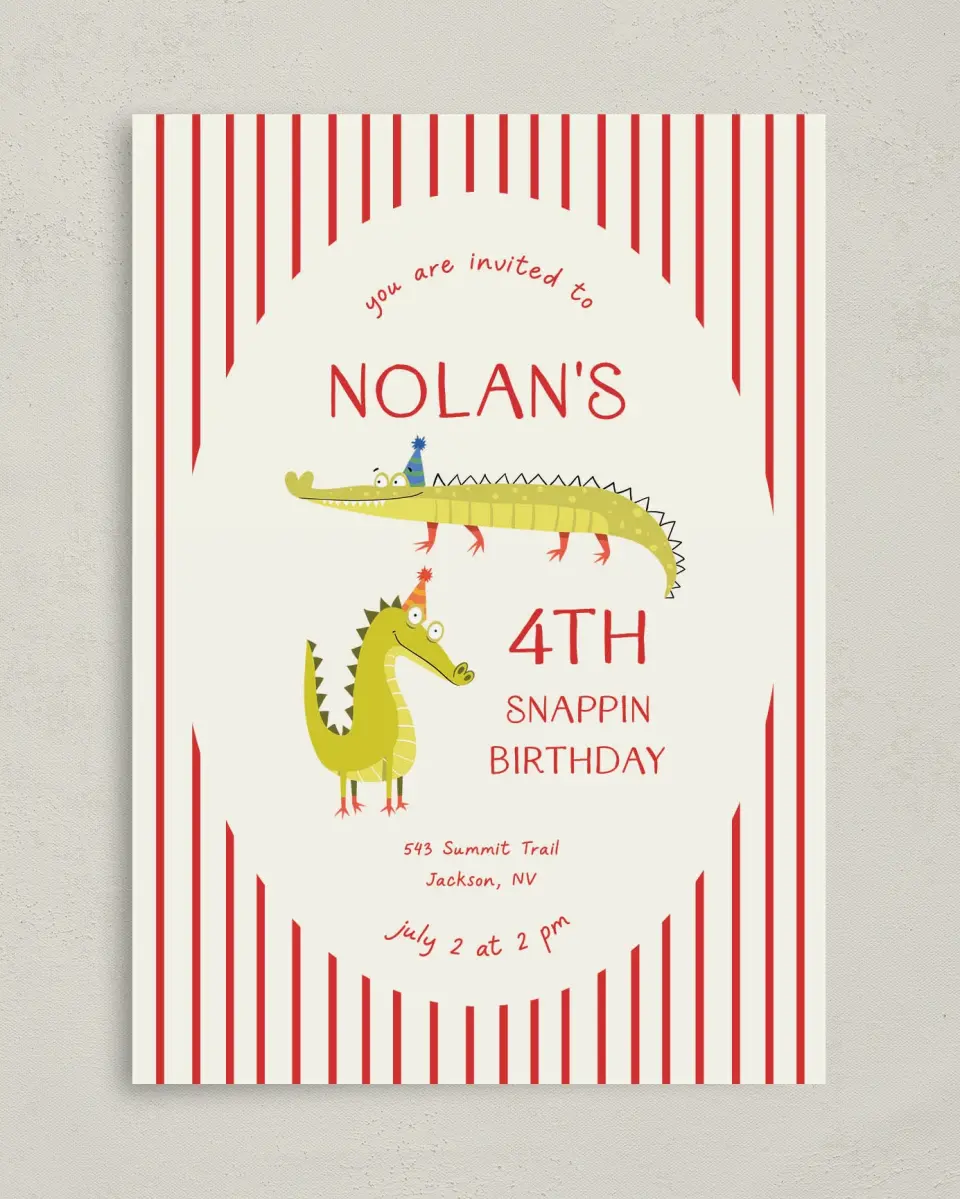 This is a 5" x 7" Birthday Party Invitation called Snappin Birthday printed in full color on Premium Smooth paper