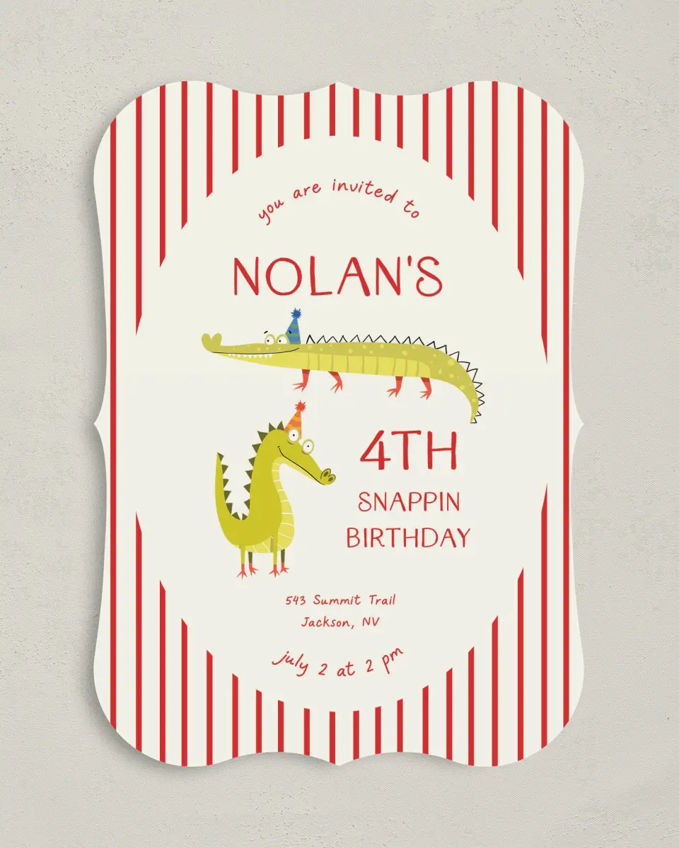 This is a 5" x 7" Birthday Party Invitation called Snappin Birthday printed in full color on Premium Smooth paper