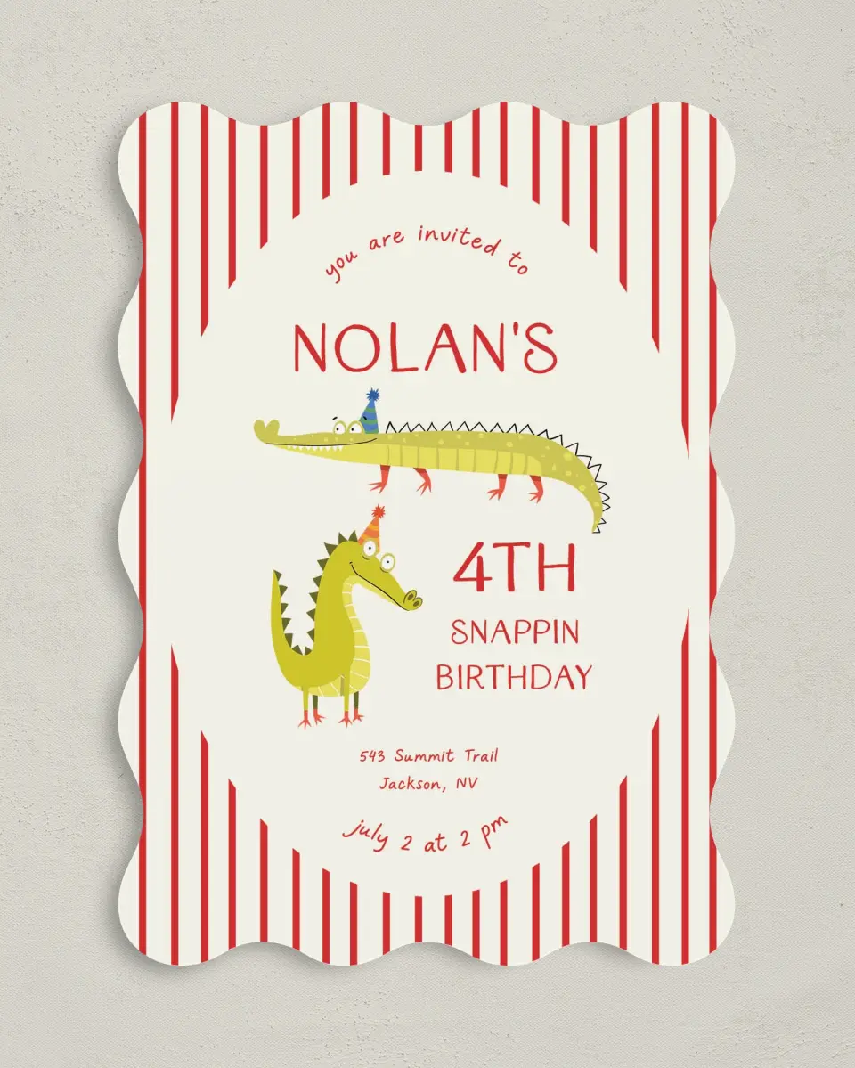 This is a 5" x 7" Birthday Party Invitation called Snappin Birthday printed in full color on Premium Smooth paper