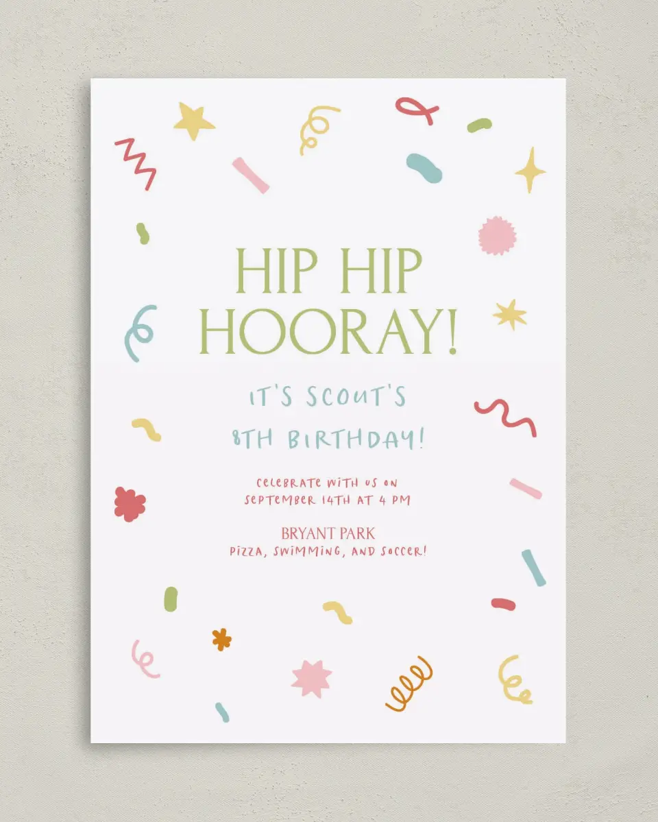 This is a 5" x 7" Birthday Party Invitation called Hip Hip Hooray! printed in full color on Premium Smooth paper