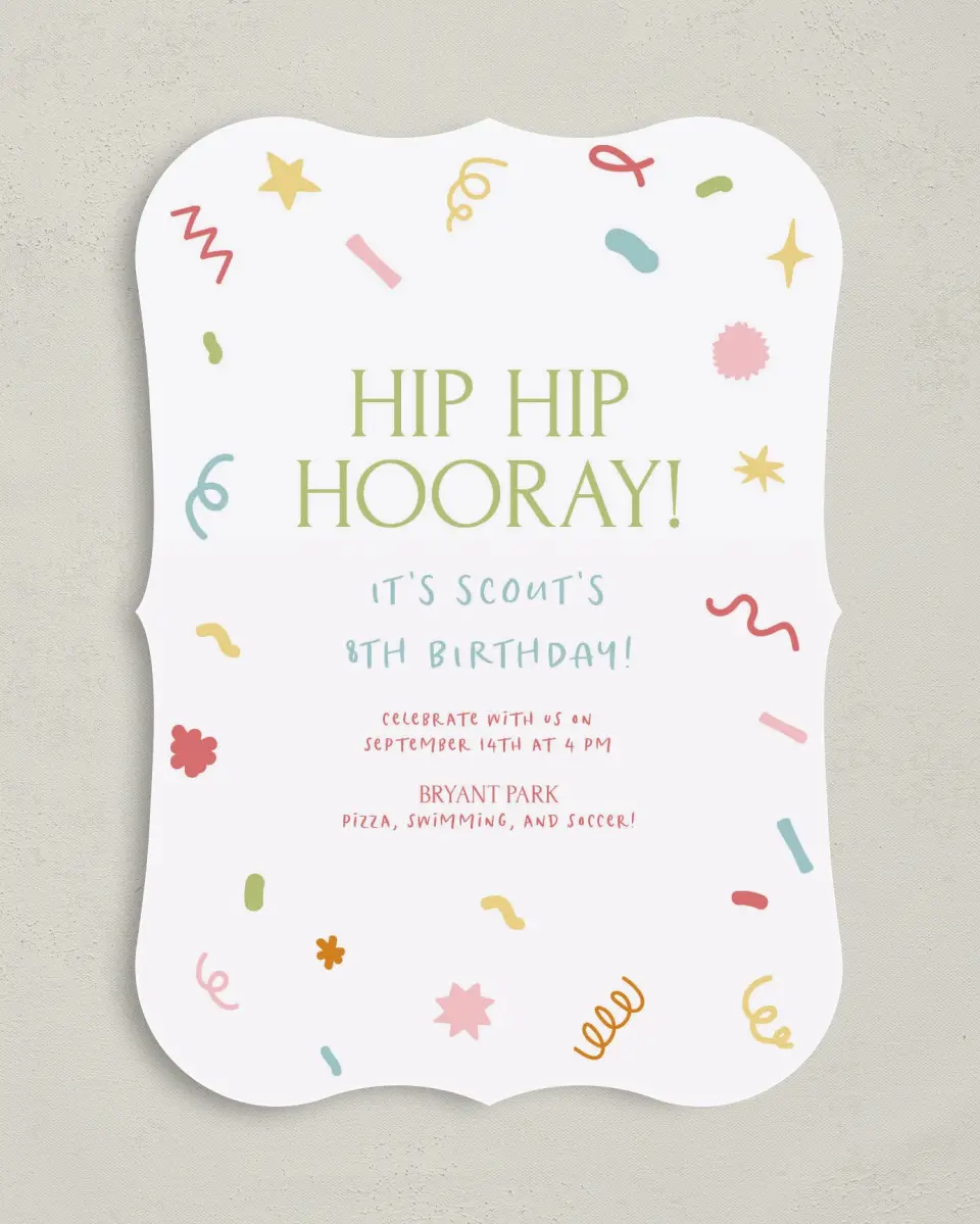 This is a 5" x 7" Birthday Party Invitation called Hip Hip Horray! printed in full color with Gold foil on Luxe Satin (coated) paper