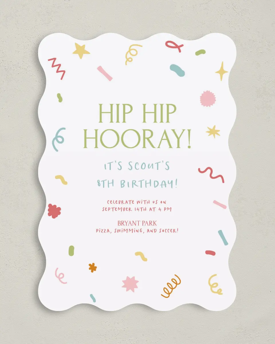 This is a 5" x 7" Birthday Party Invitation called Hip Hip Horray! printed in full color on Premium Smooth paper