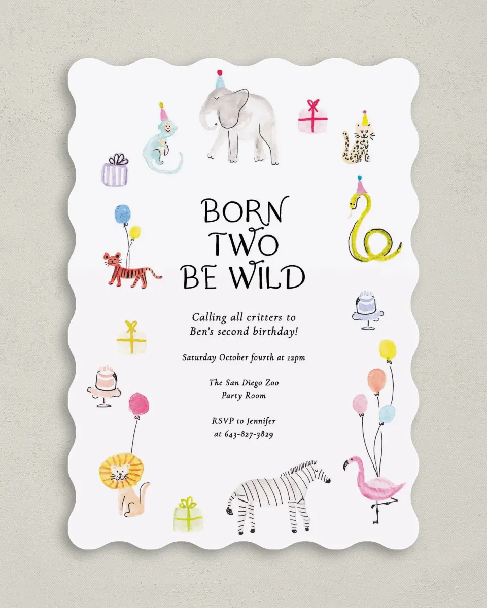 This is a 5" x 7" Birthday Party Invitation called Born to be WILD printed in full color on Premium Smooth paper