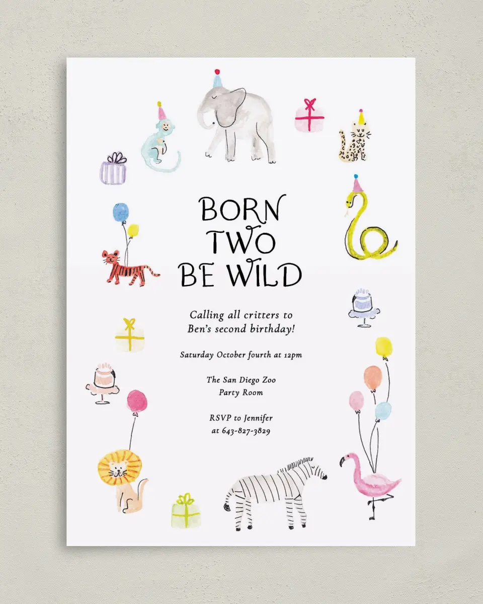 This is a 5" x 7" Birthday Party Invitation called Born to be WILD printed in full color on Premium Smooth paper