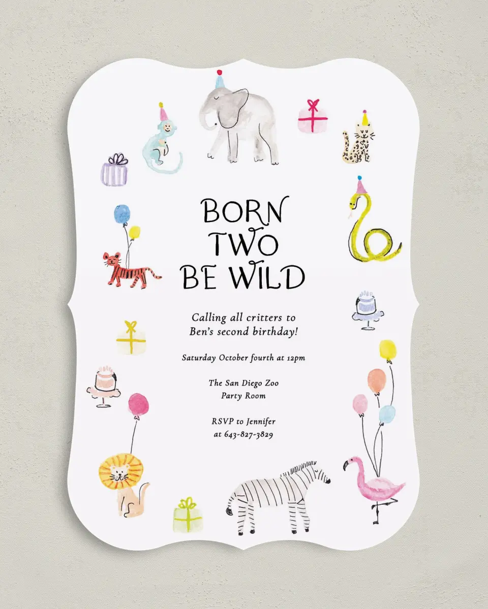 This is a 5" x 7" Birthday Party Invitation called Born to be WILD printed in full color with Gold foil on Luxe Satin (coated) paper